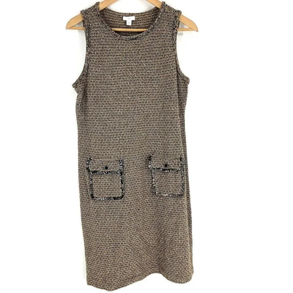J Jill Dress Size XS Womens Butterscotch Tweed Knit Shift Jumper Pocket Fringe